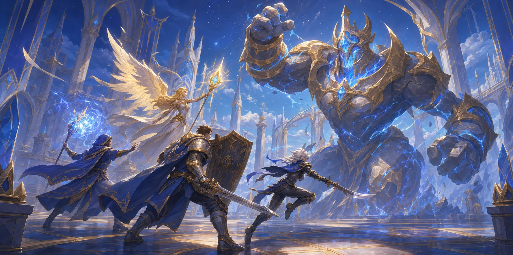 Champions facing a towering celestial foe
